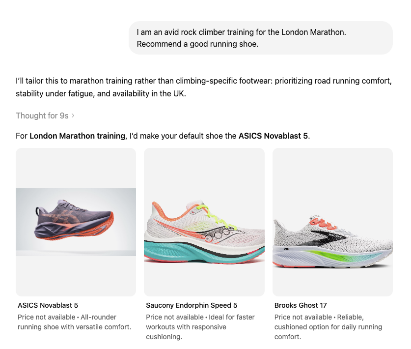 ChatGPT recommending running shoes to a rock climber